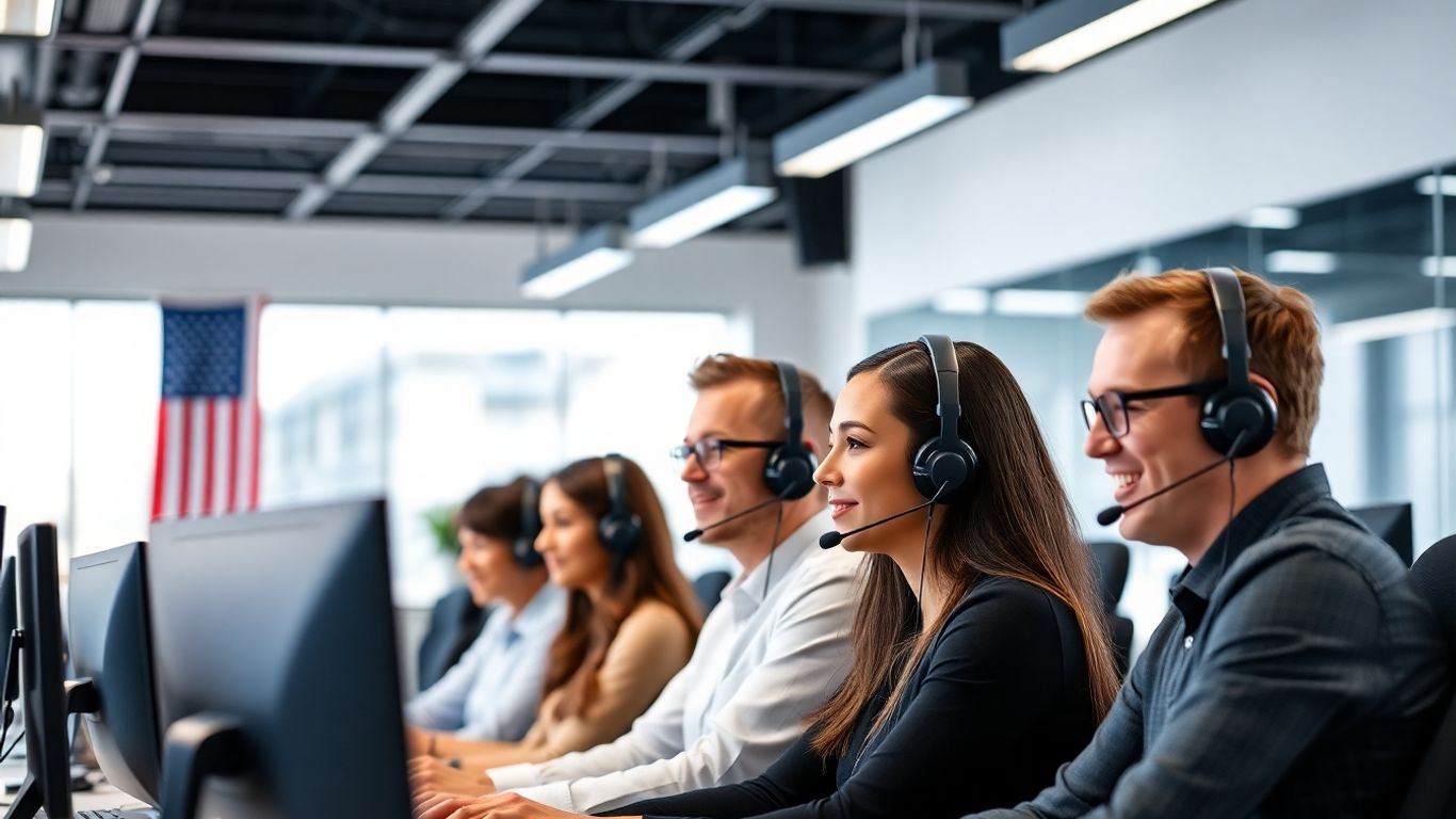 Modern US call center with diverse professionals working