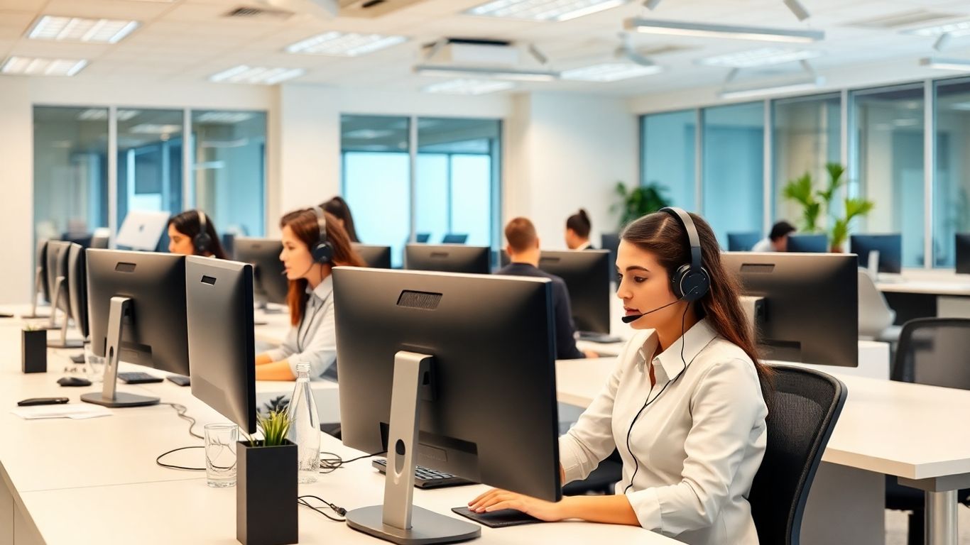 Modern US call center with staff at workstations