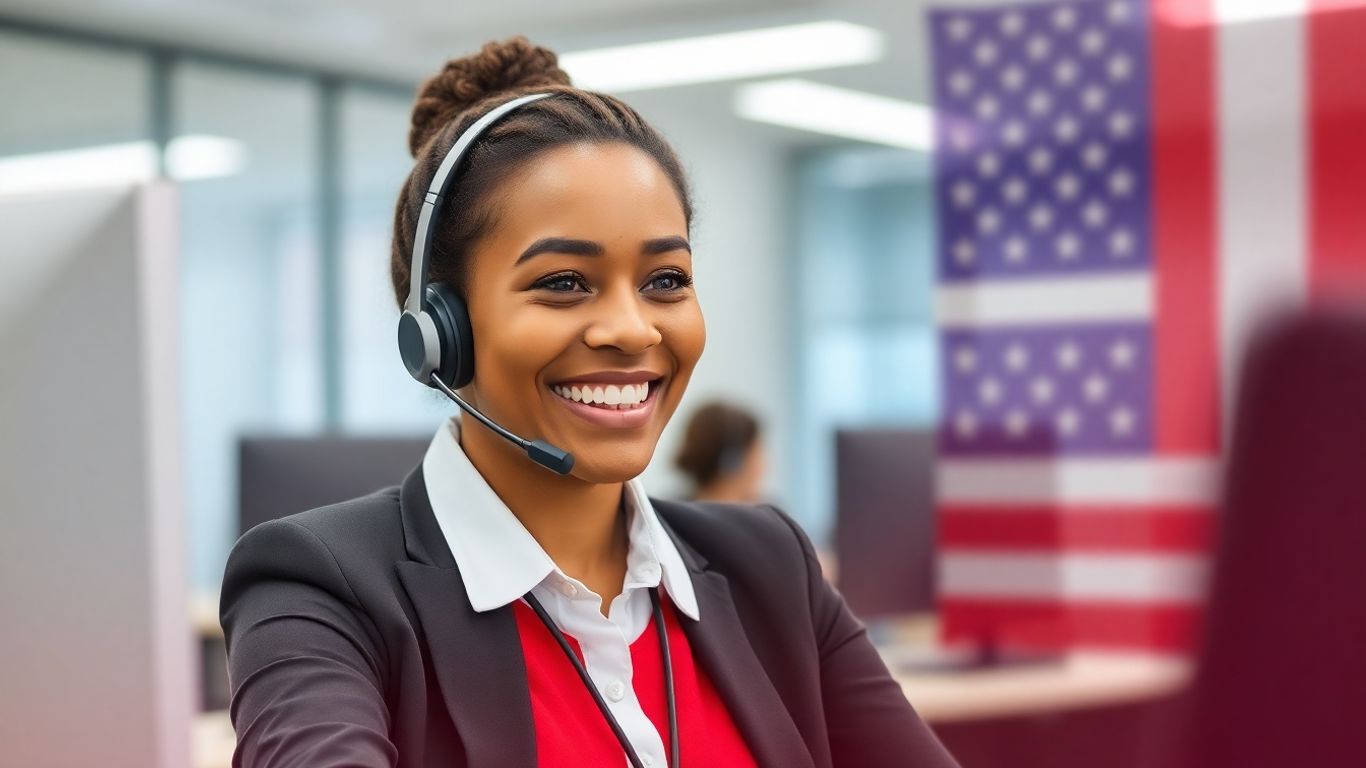 Smiling American call center agent with headset assisting customer.