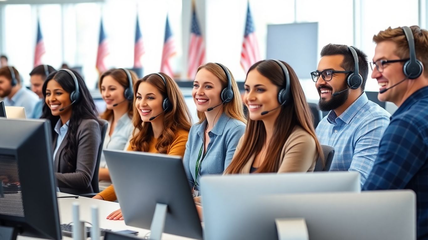 Diverse American call center agents assisting customers together.
