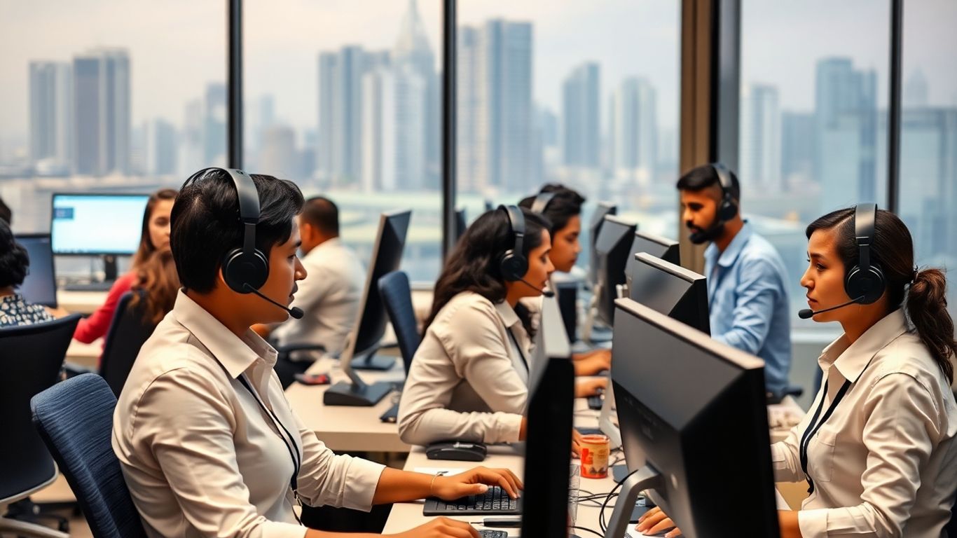Indian call center agents working in a modern office