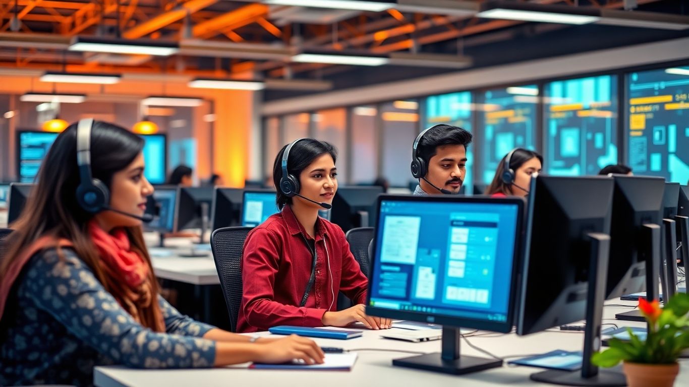 Diverse young call center agents in modern Indian office