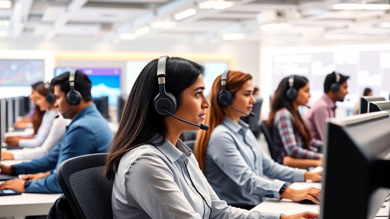 Indian call center agents working in modern office