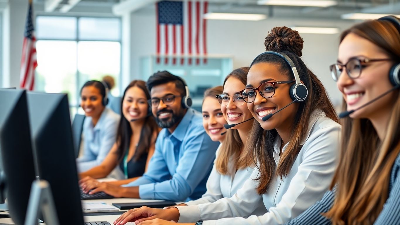 Diverse call center agents in modern American office