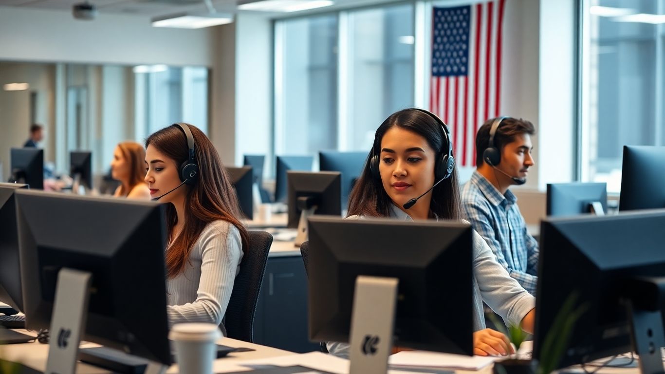 Call center agents working in a modern US office