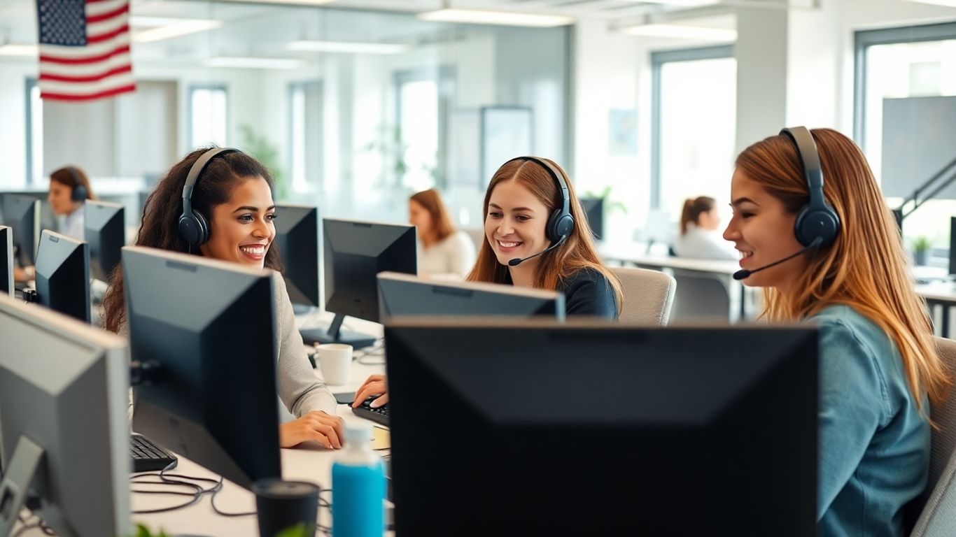 Diverse US call center agents assisting customers