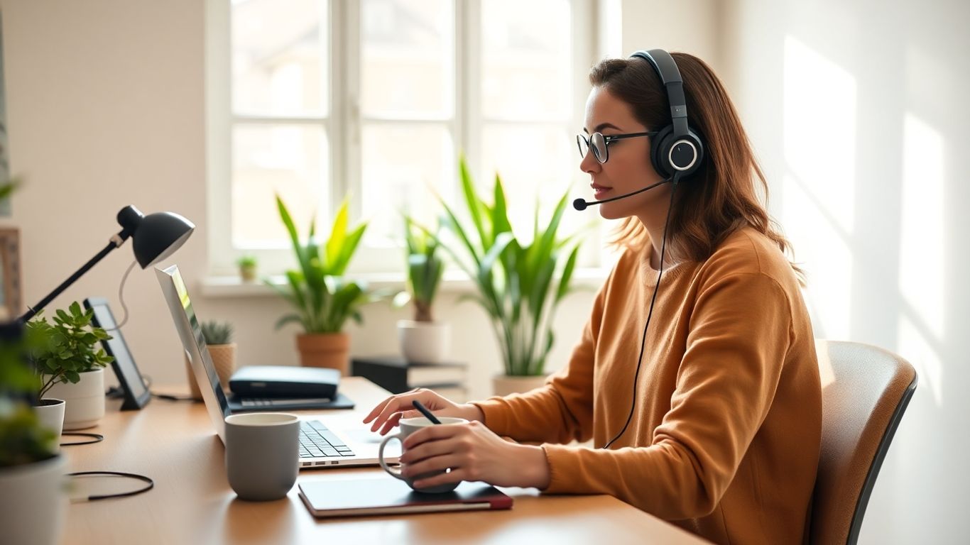 Person working remotely at home call center desk