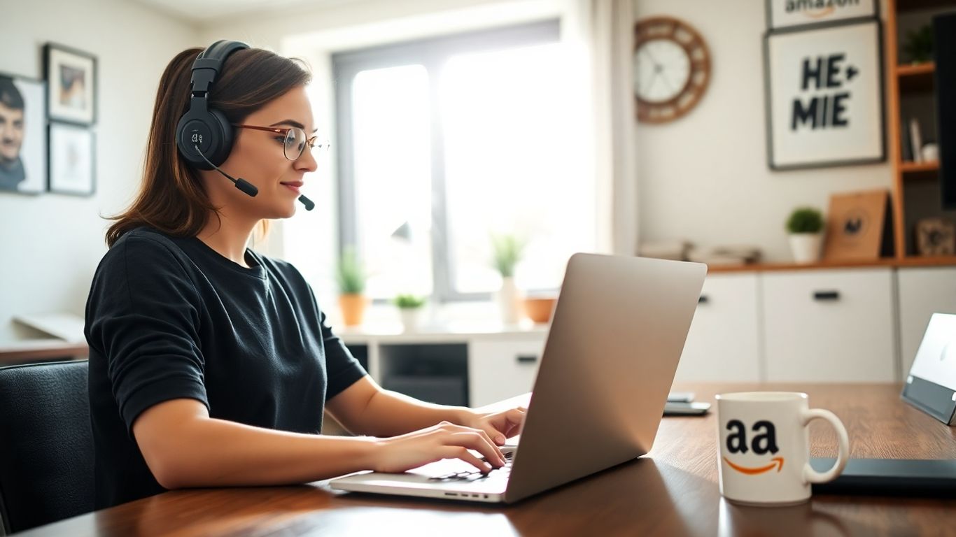 Person working from home at a computer, Amazon mug nearby.