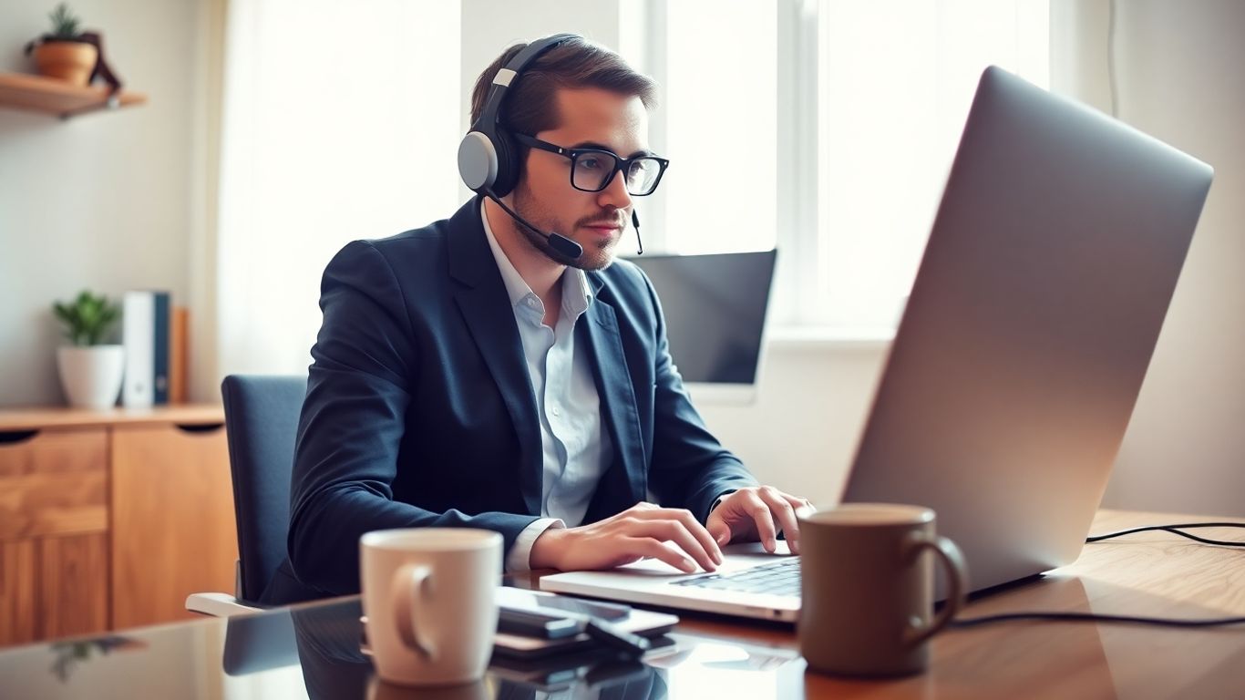 Professional working from home with headset and laptop