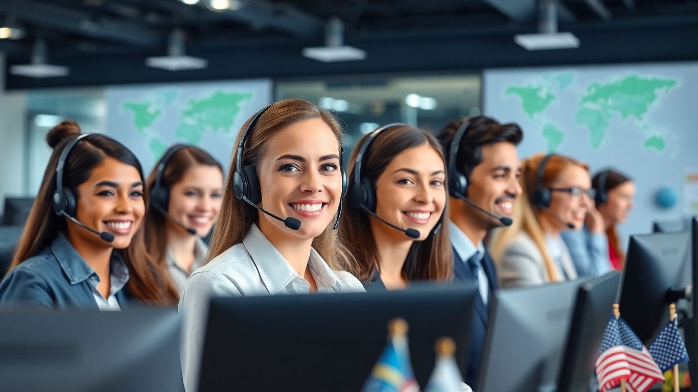 Diverse call center agents working with headsets
