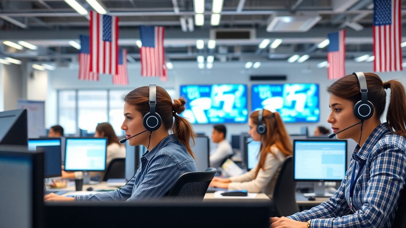 USA call center workers at computers in modern office