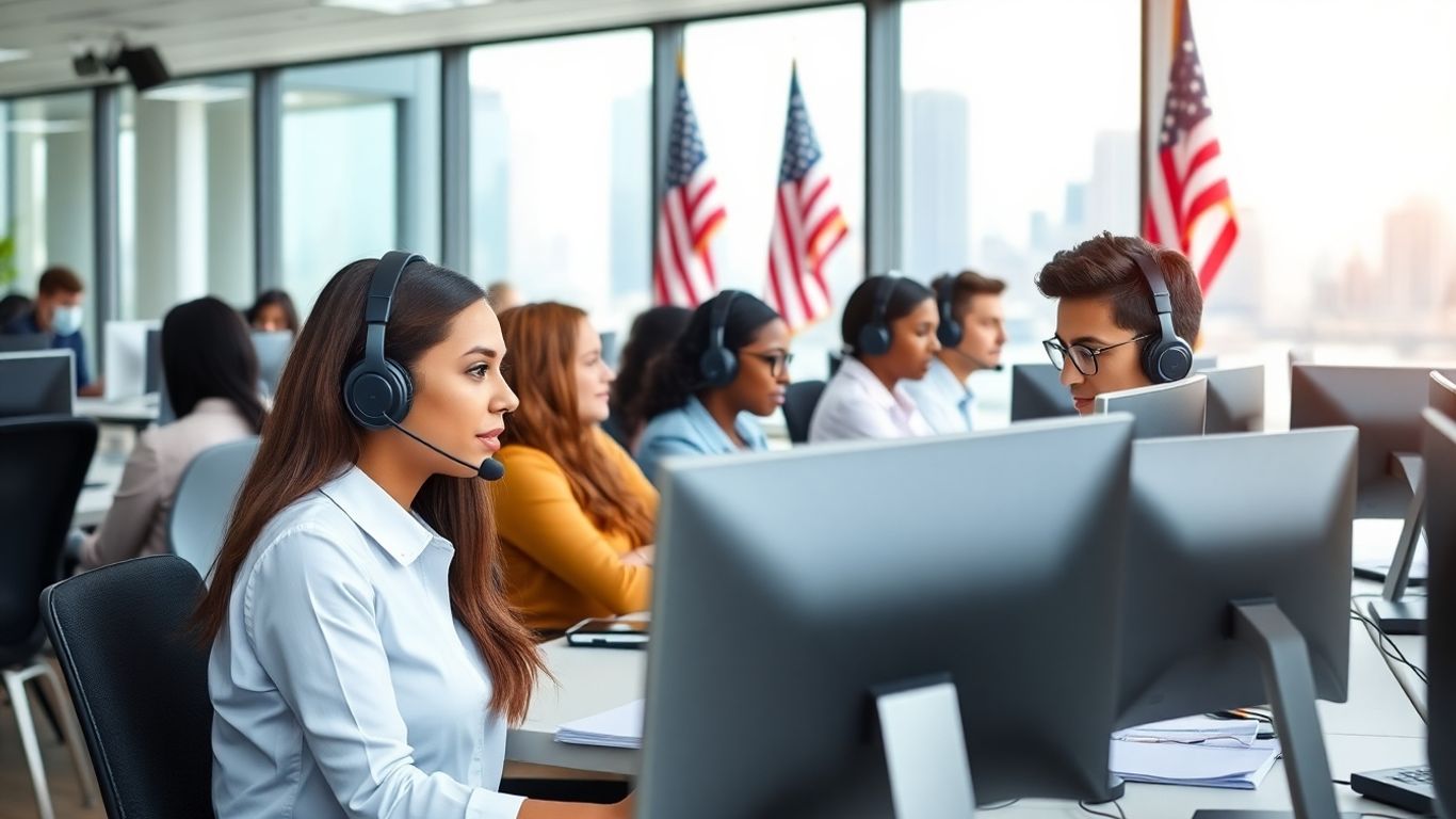 Call center agents working in modern office setting.