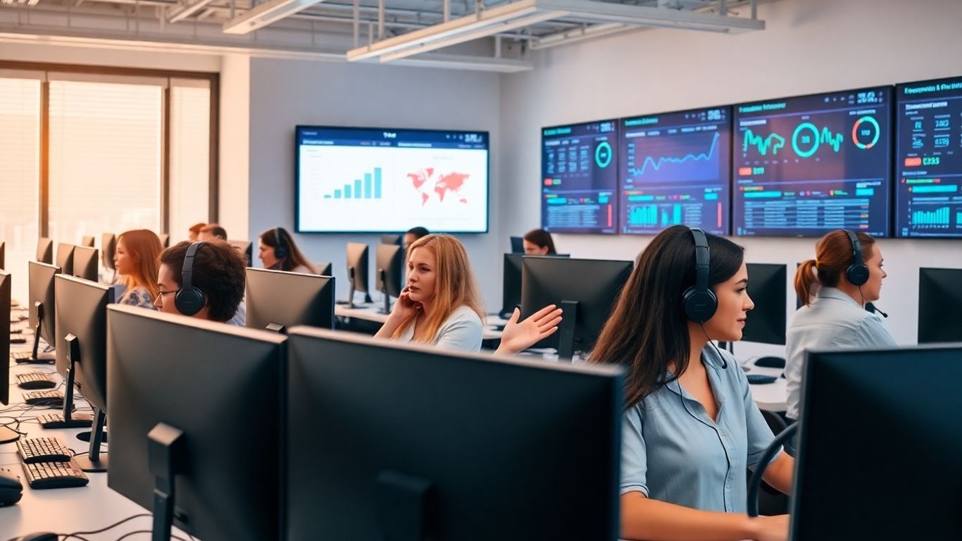 Call center agents working at computers in modern office