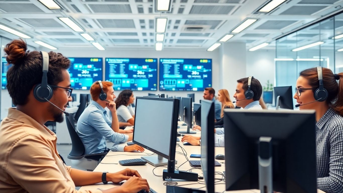 Modern call center agents working at computers and headsets