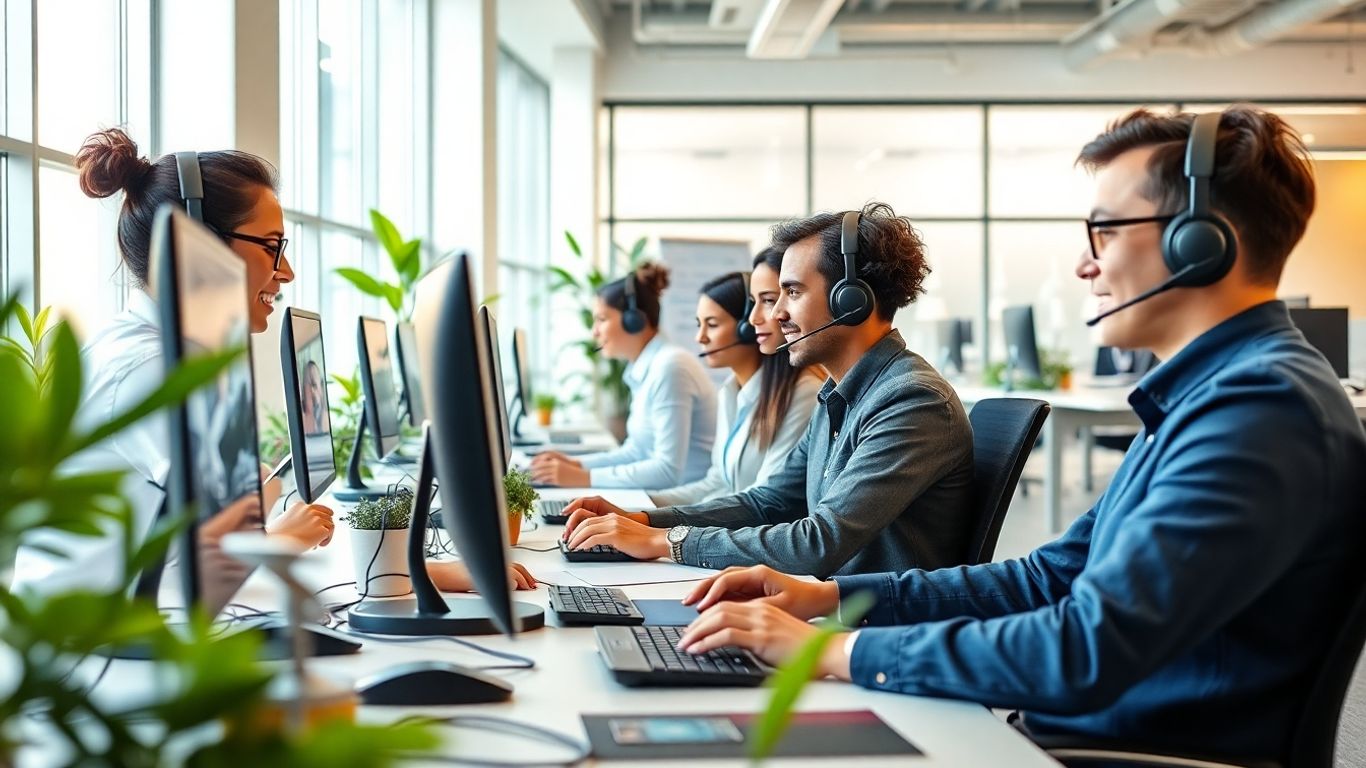 Call center agents working with headsets and computers