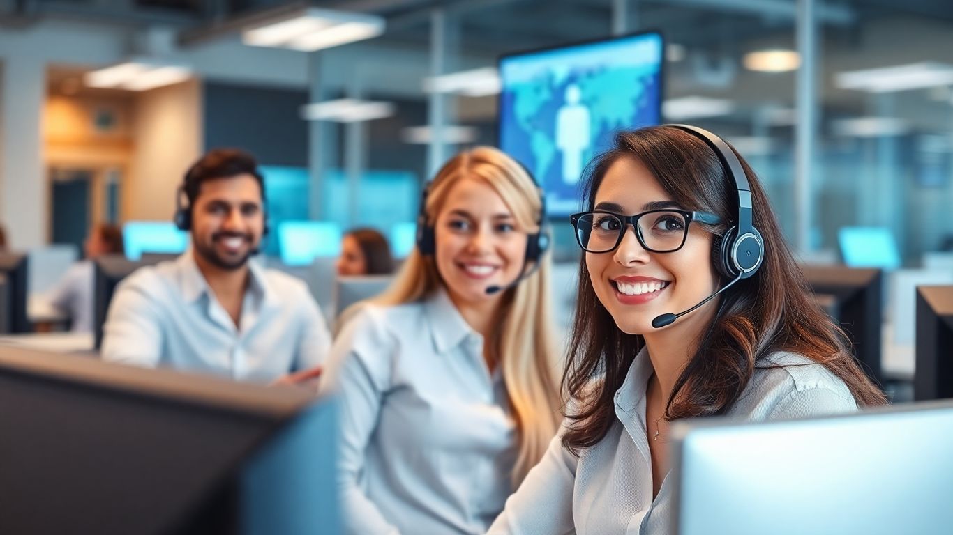 Happy call center agents in bright office environment