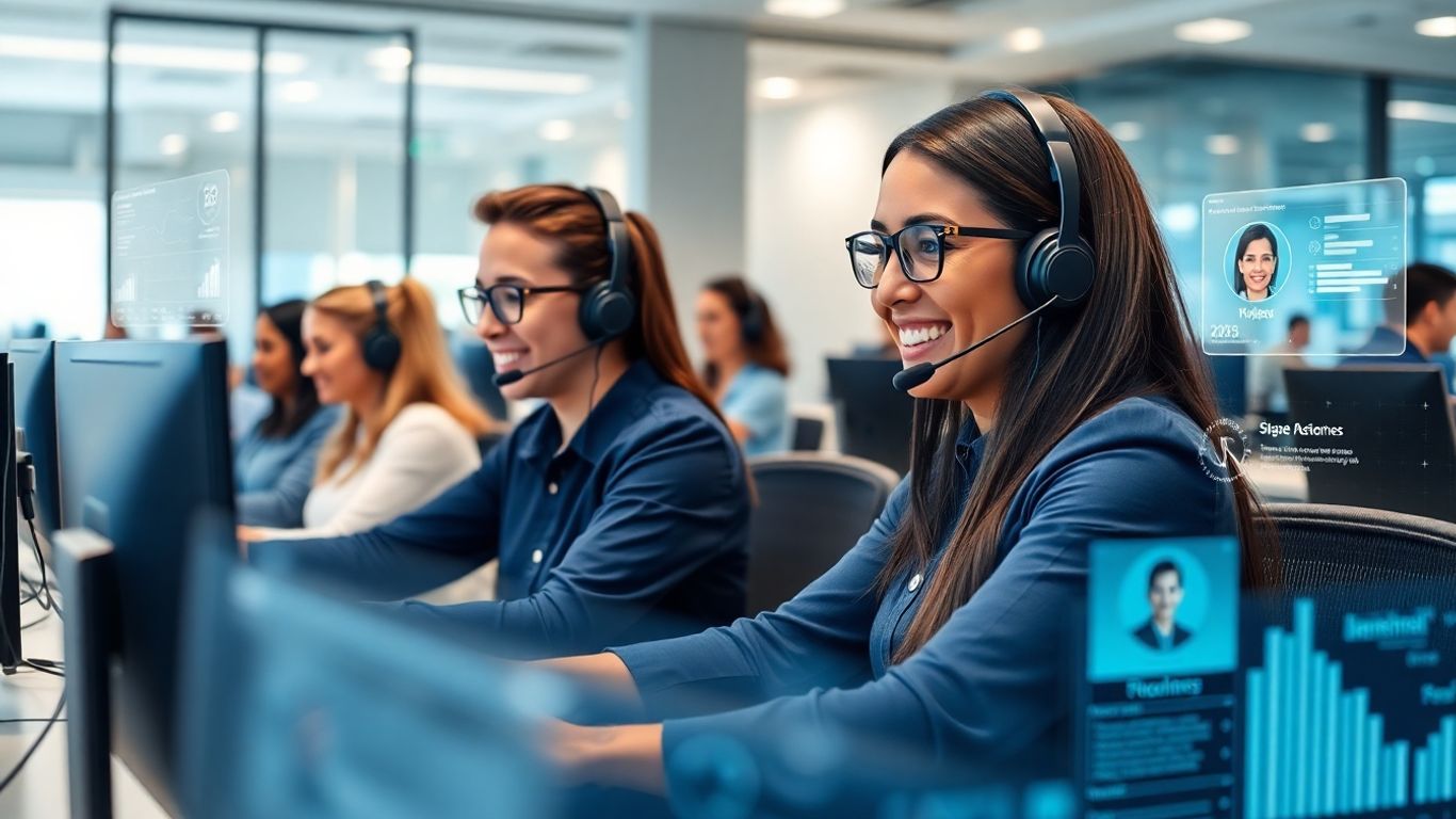 Modern call center agents assisting customers with advanced technology