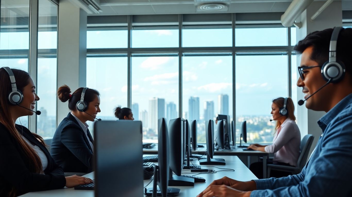 Call center agents in Santo Domingo office workspace
