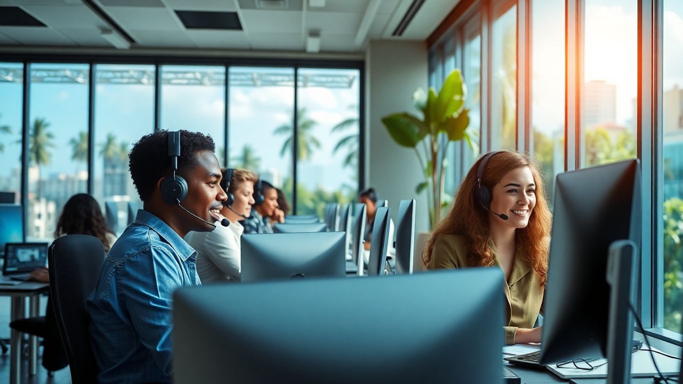Modern call center agents working in Santo Domingo office
