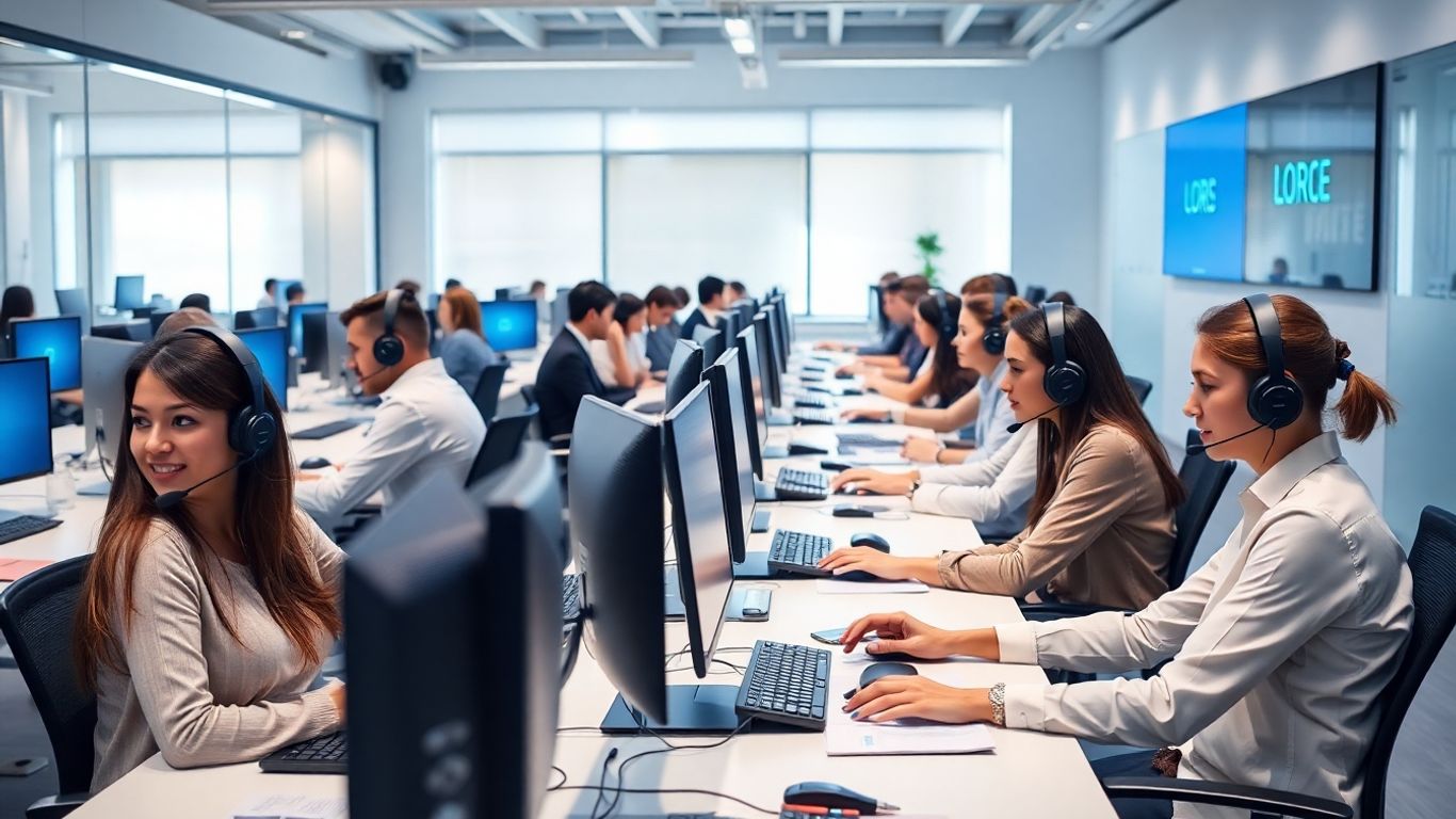 Modern call center agents working with headsets and computers