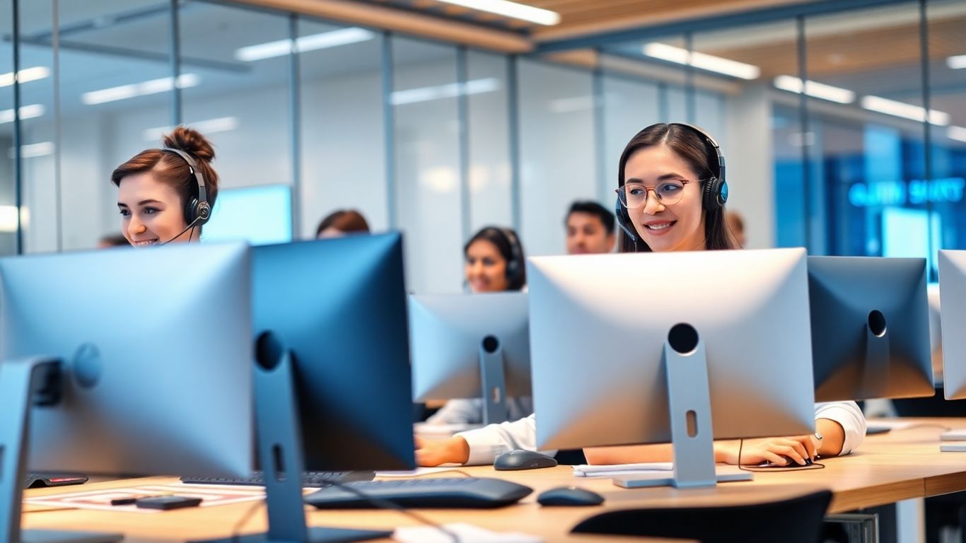 Call center agents at work in modern office