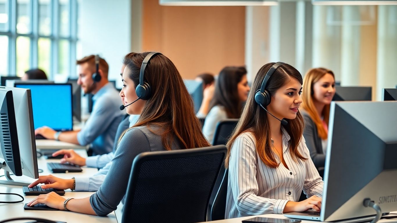 Modern call center agents working in high-tech office