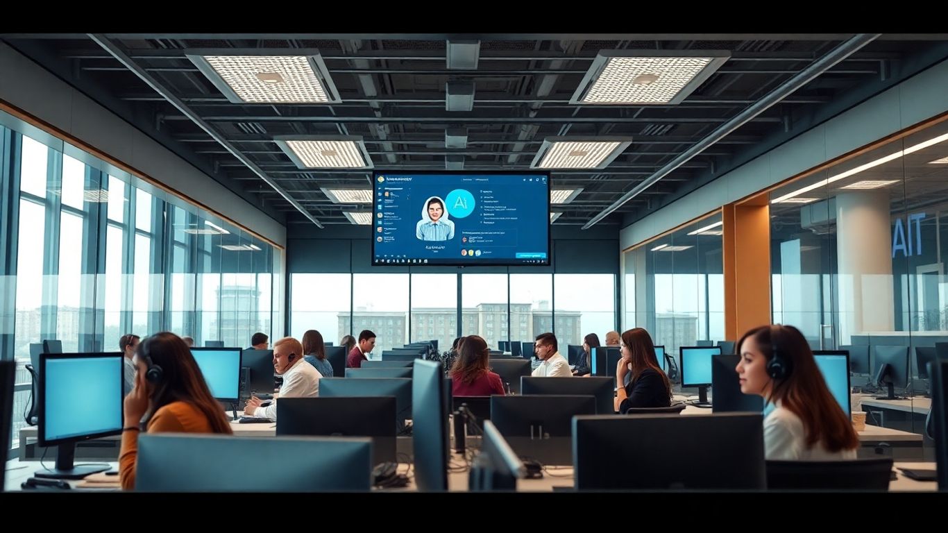 Photographic call center, agents with headsets, AI assistant screen.