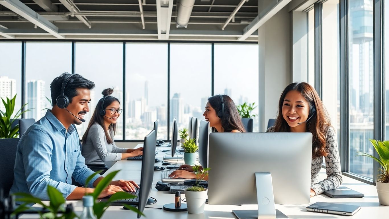 Call center agents working in Guatemala office with city view.