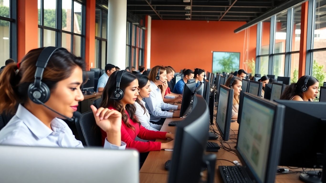 Guatemalan call center agents working in modern office