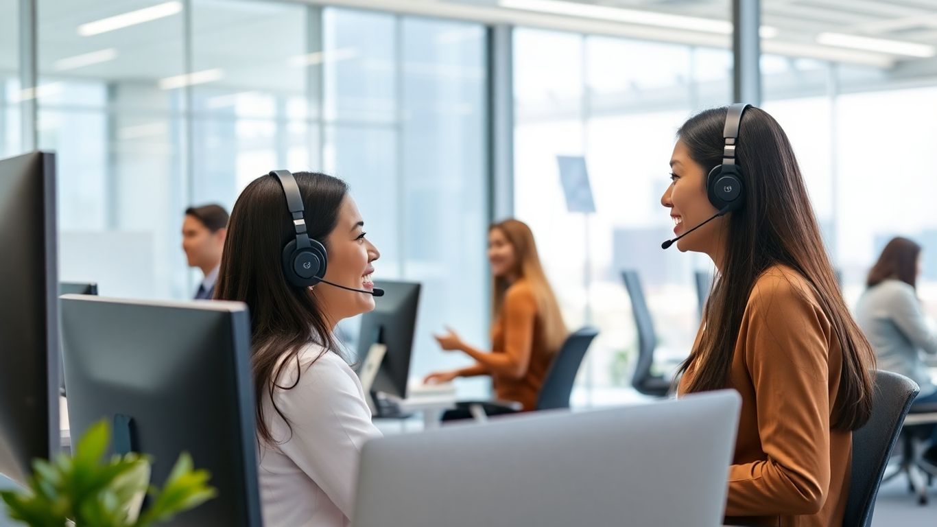 Filipino call center agents working in modern office