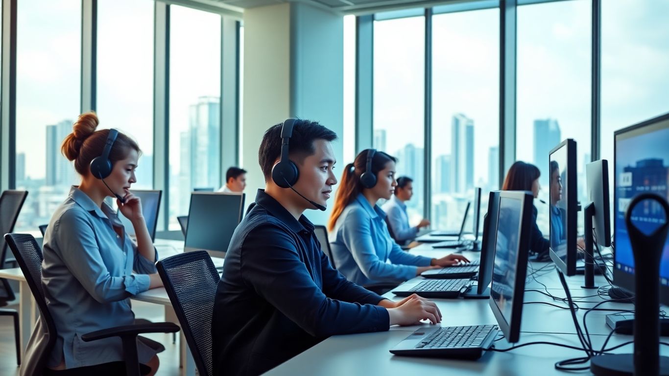 Modern Manila call center with diverse agents and skyline