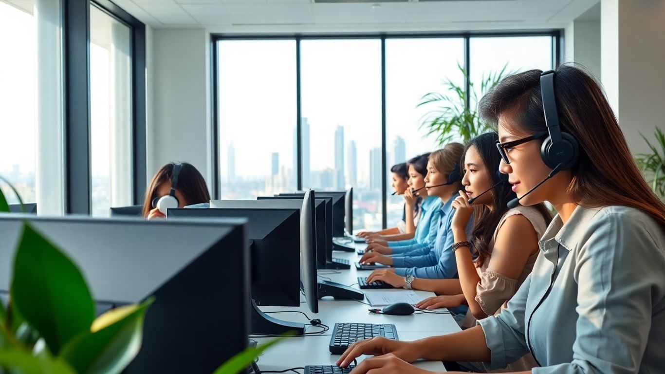 Call center agents working in Manila office, city view