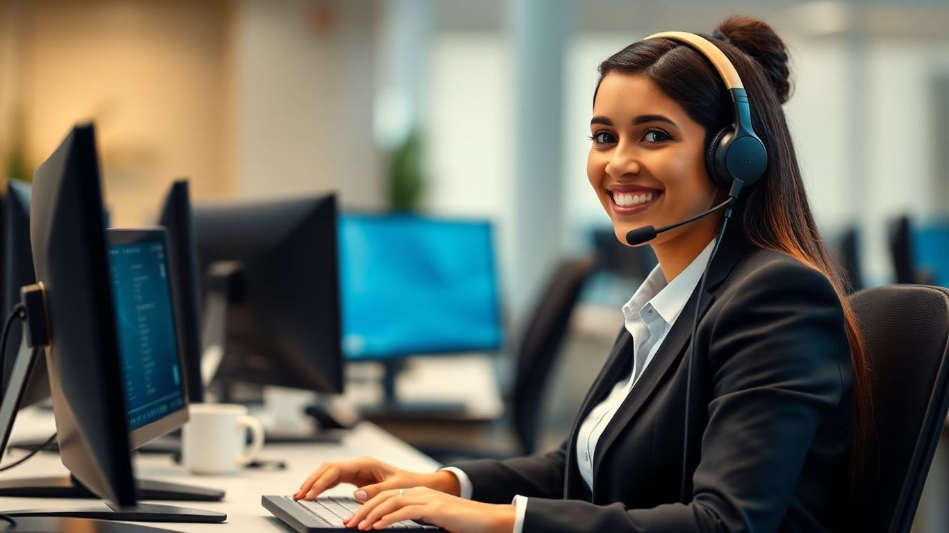 Call center agent with headset at modern desk