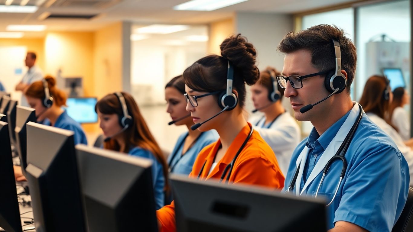 Doctors and nurses working in a hospital call center