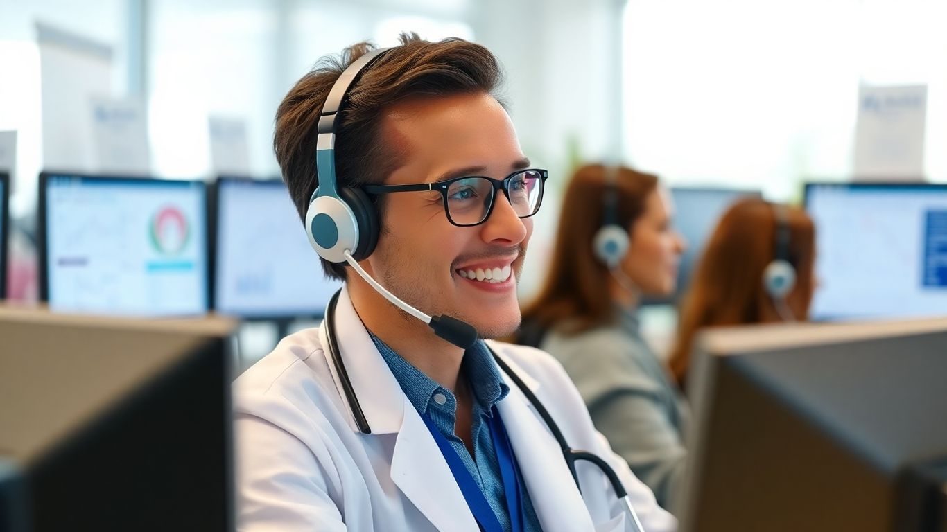Physician helping patient over phone in call center