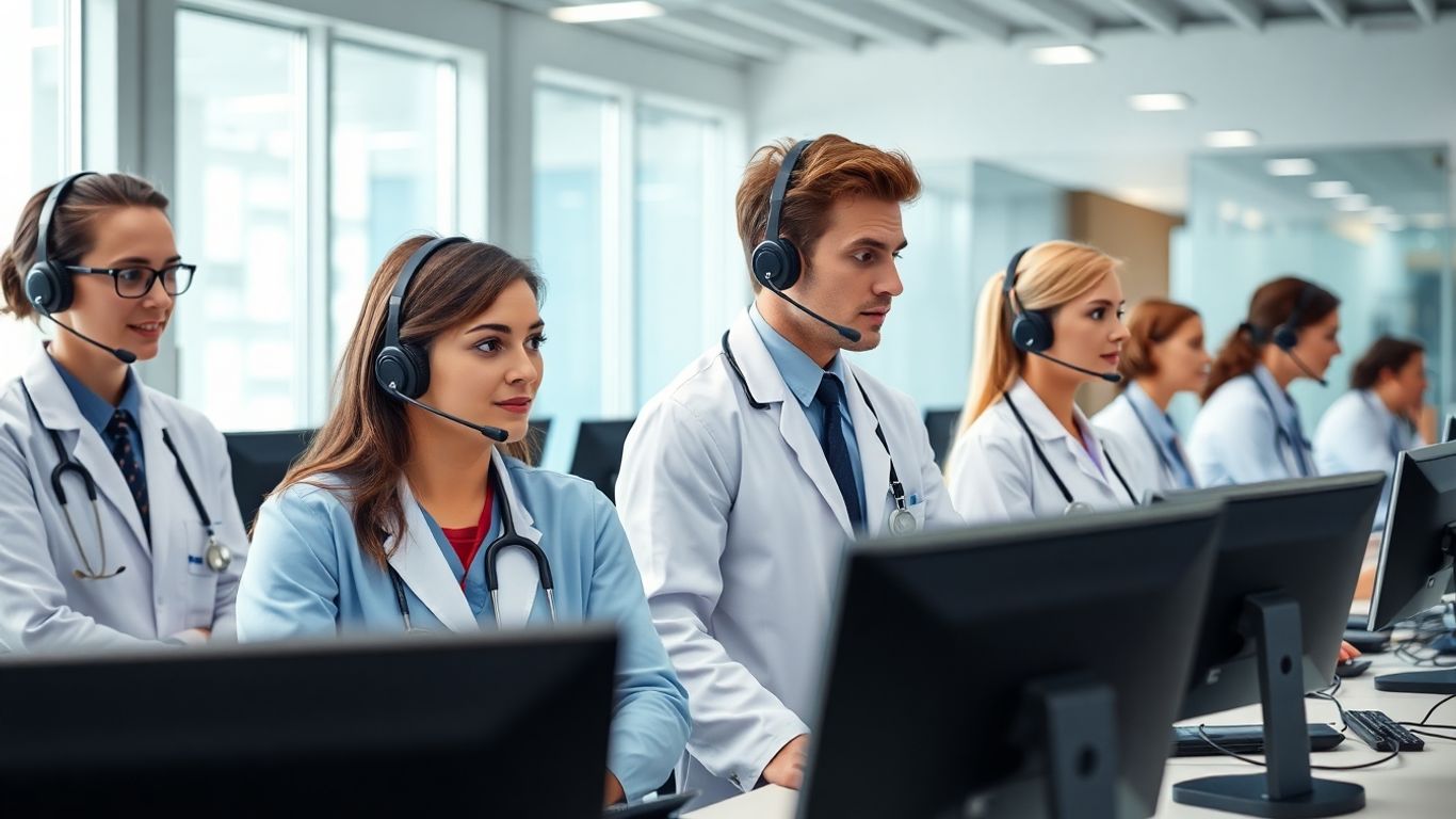 Doctors using headsets in a medical call center.