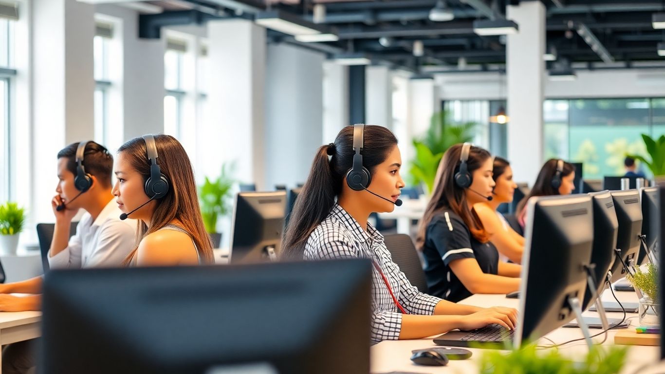 Filipino call center agents working in a modern office