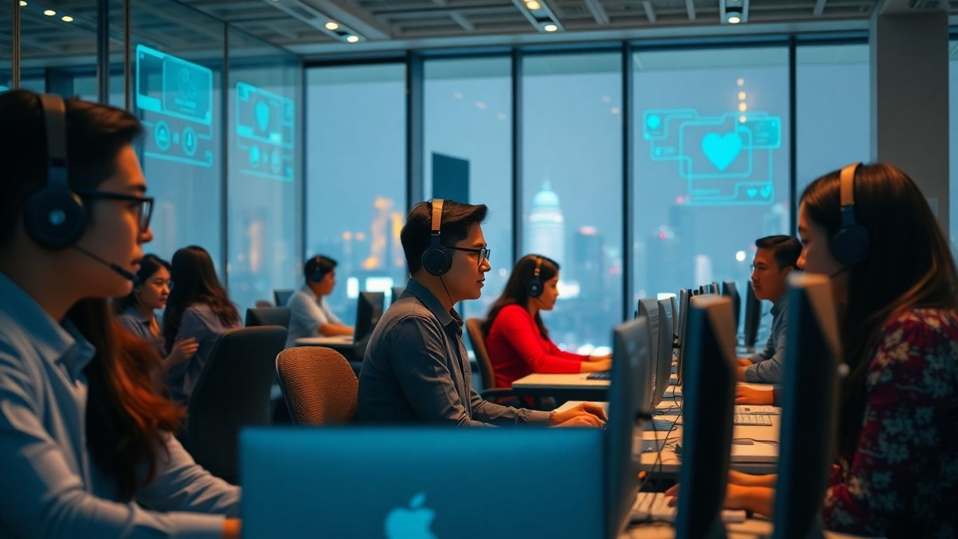 Filipino call center agents using AI technology at work