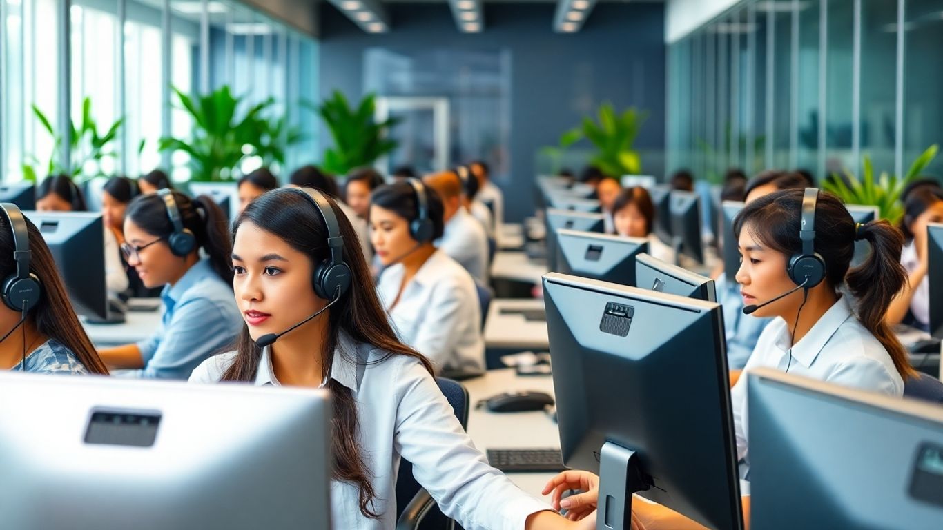 Filipino call center agents working in a bright office