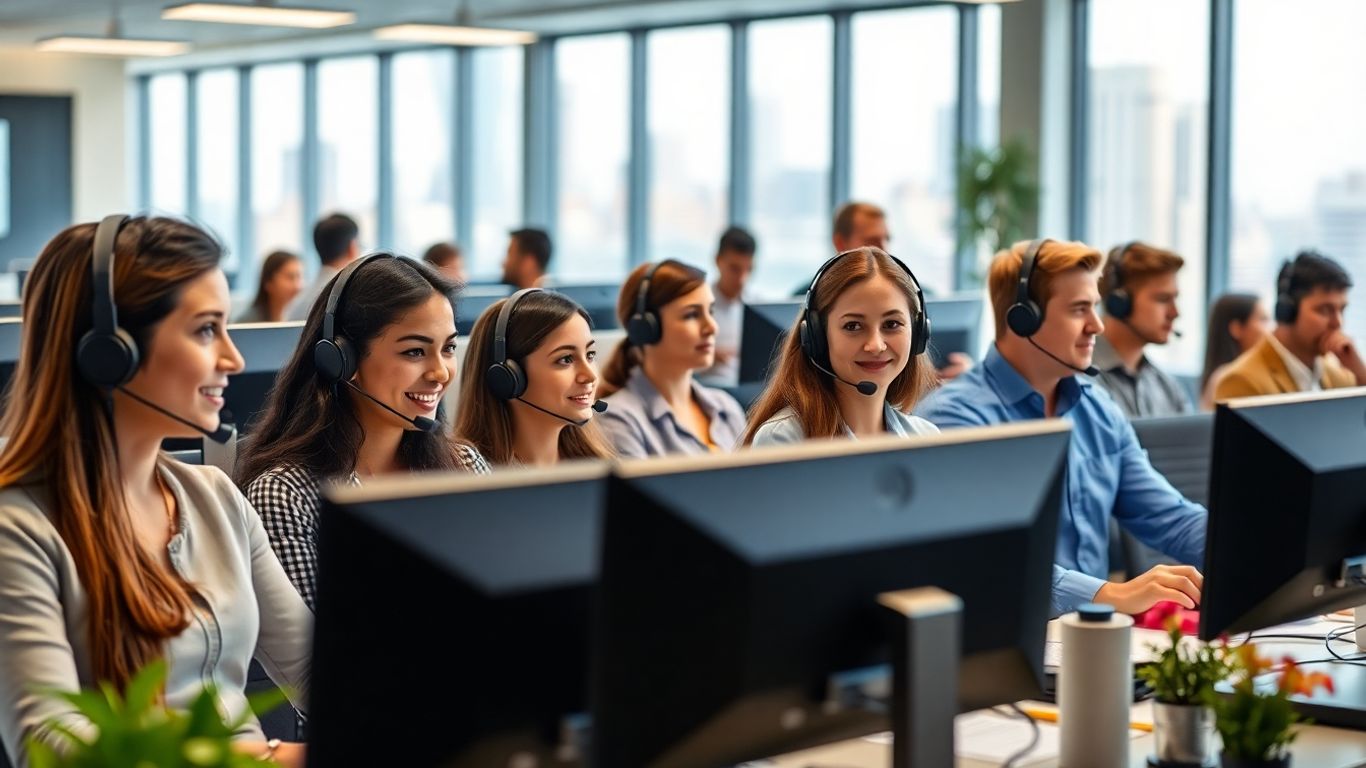 Call center agents working in a modern office