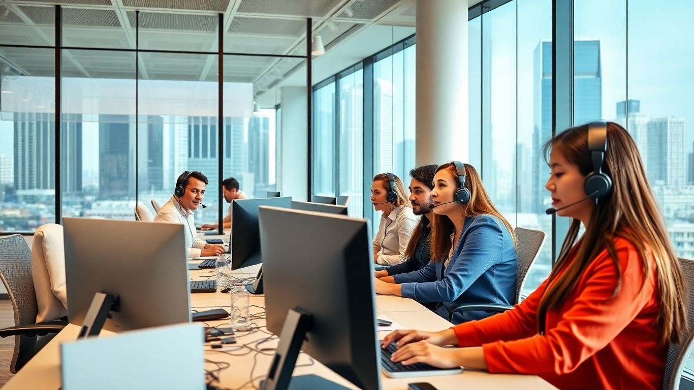 Call center agents working in a modern US office