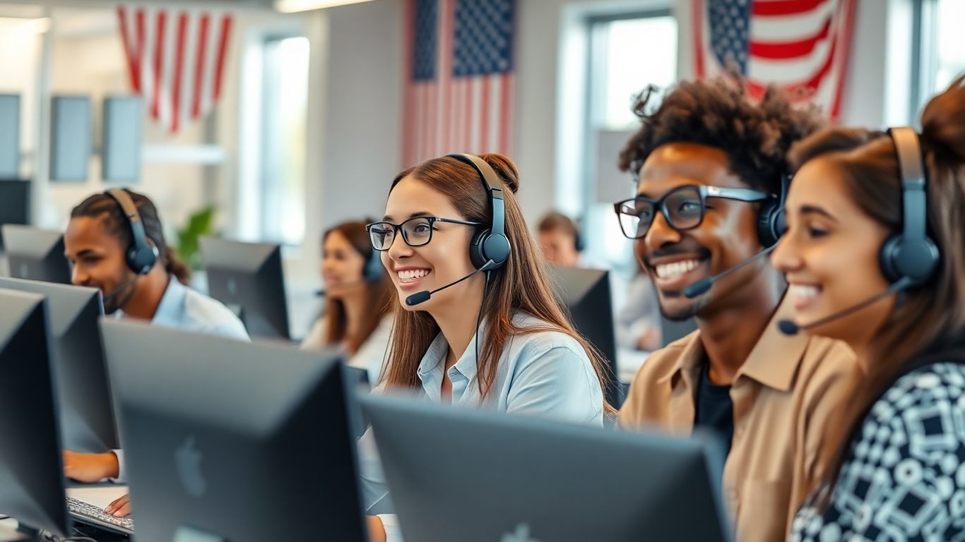 Modern USA call center with diverse agents working