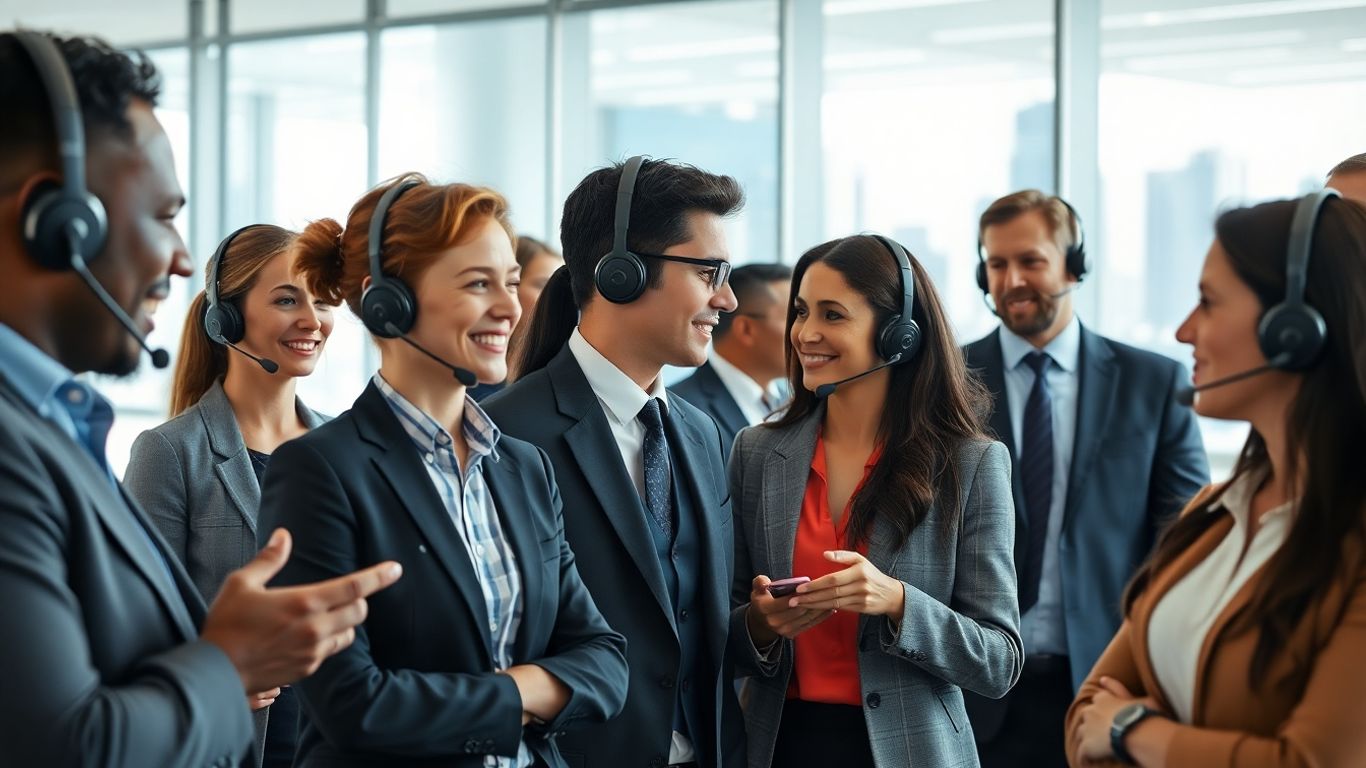 Business professionals with headsets in a modern call center