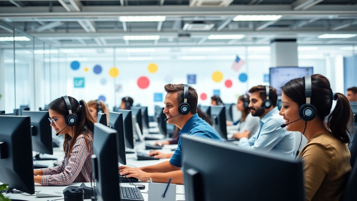 Modern American call center with diverse team at work