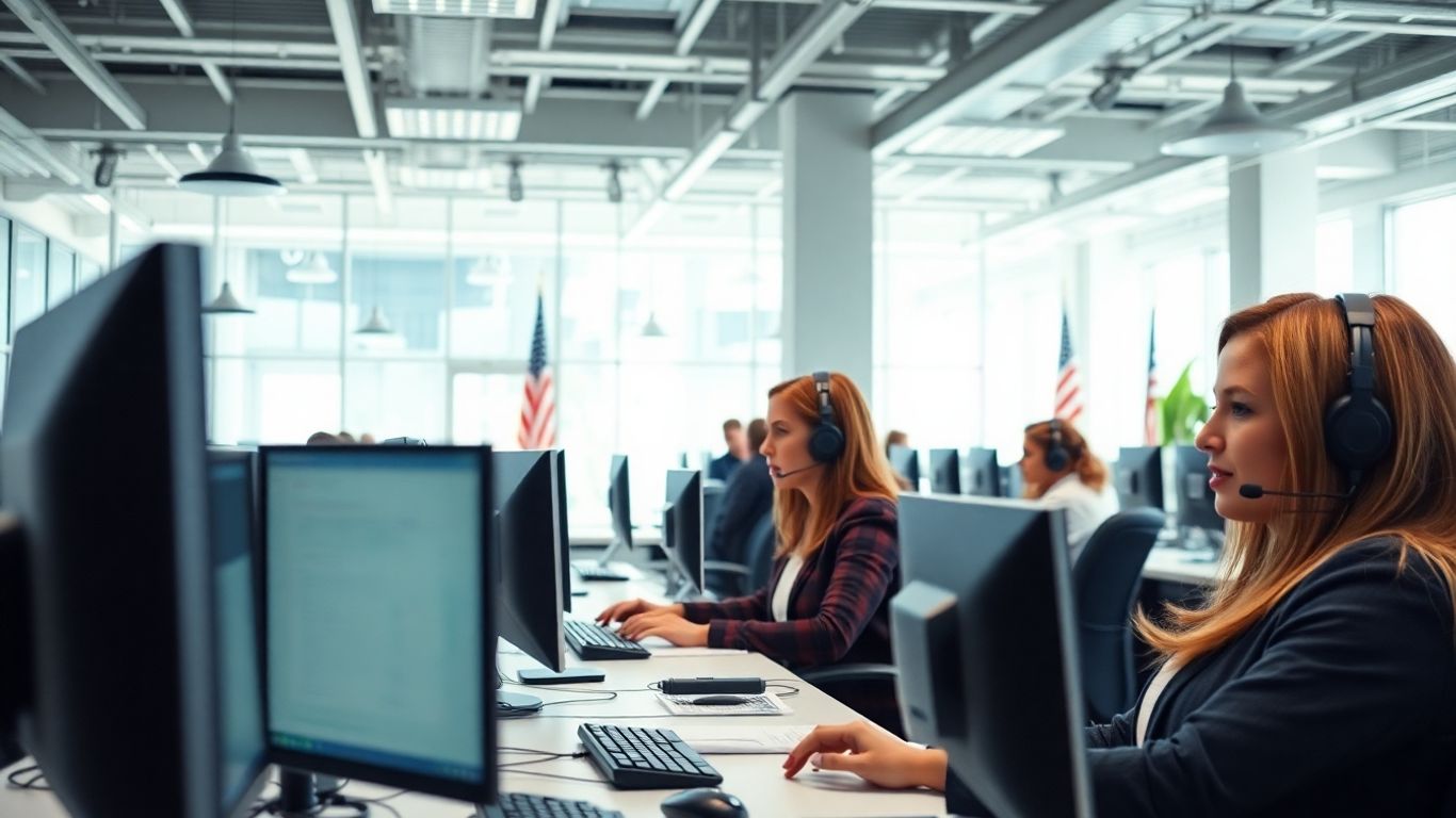 Call center agents in modern office with American flags