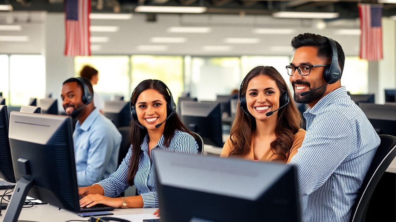 Diverse call center agents working at desks with headsets