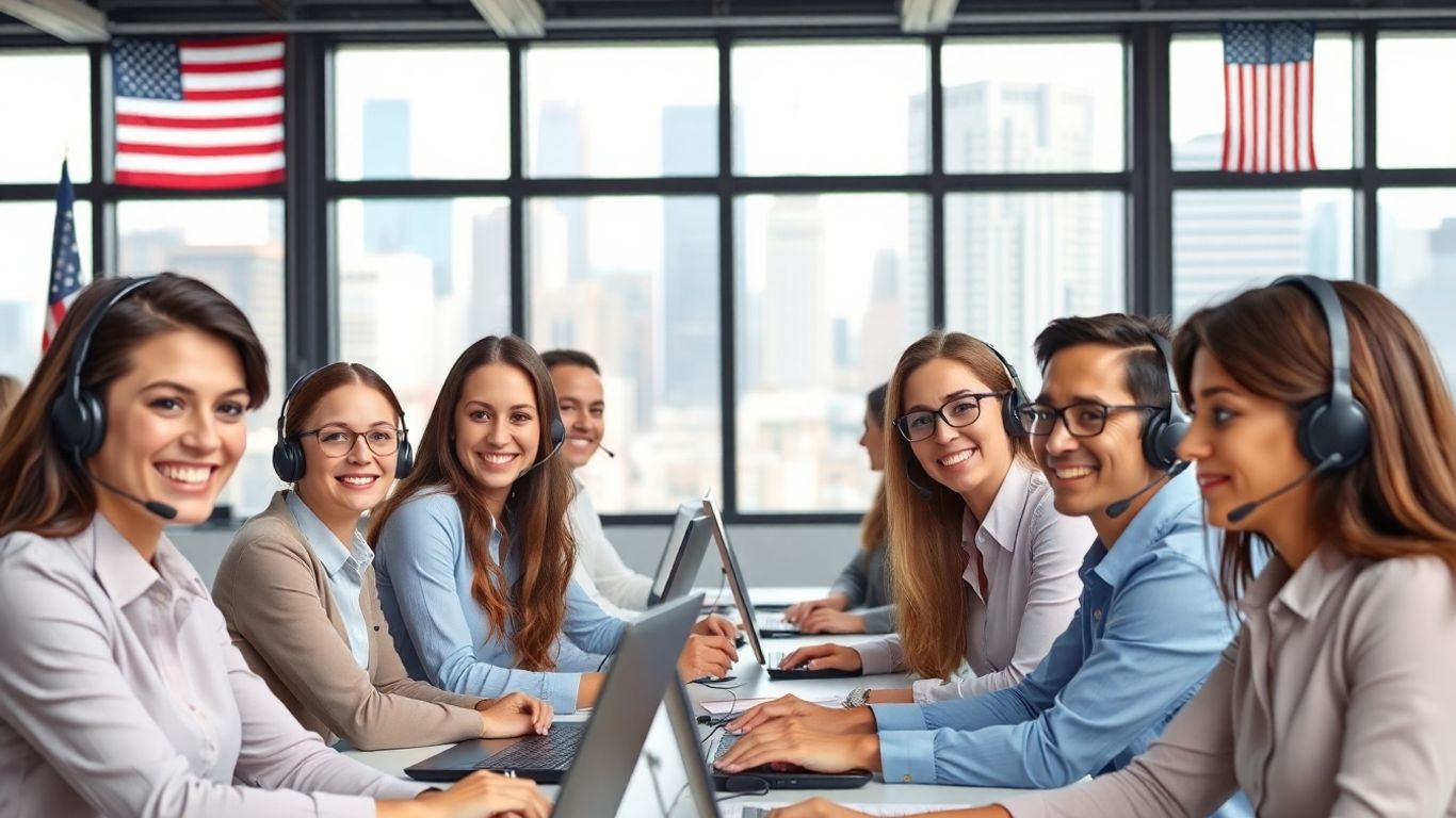 Smiling American call center agents working together