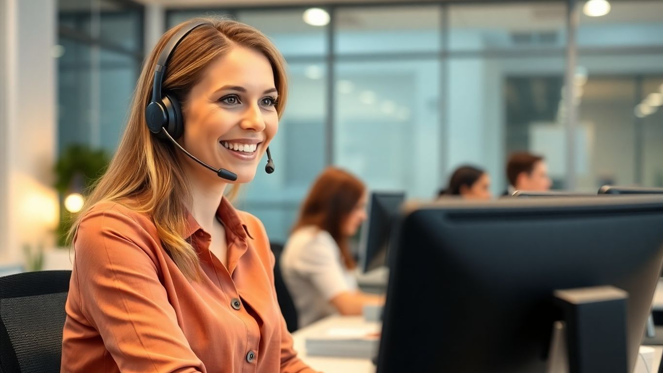 Smiling call center agent with headset in office