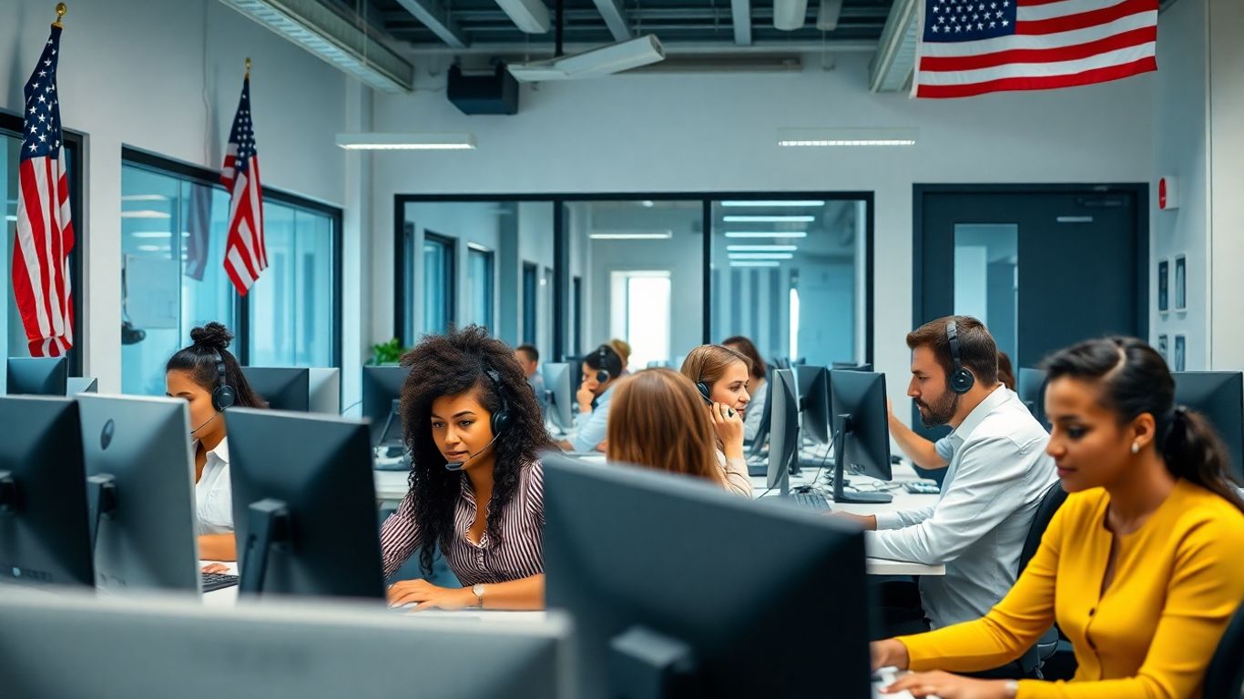 Call center team in secure American office environment