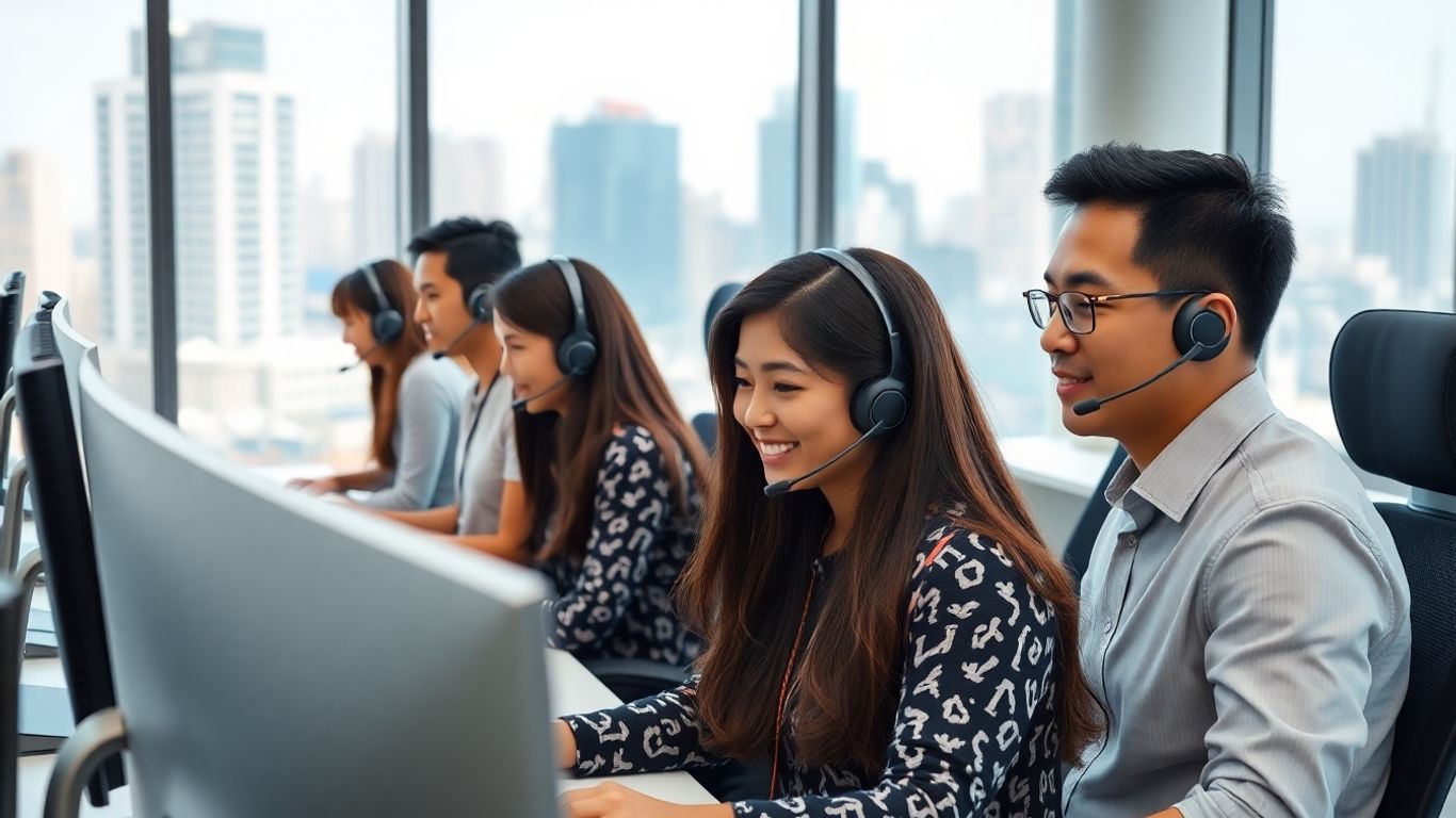 Filipino call center agents in modern office workspace
